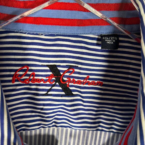 Robert Graham X Men's Button Up Shirt 2XL White Blue Stripe Flip Cuff Tartan - Picture 9 of 10